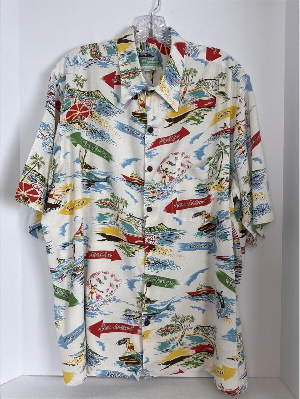 VTG Reyn Spooner Hawaiian Short Sleeve Shirt Malibu Key West Palm Springs Sz L